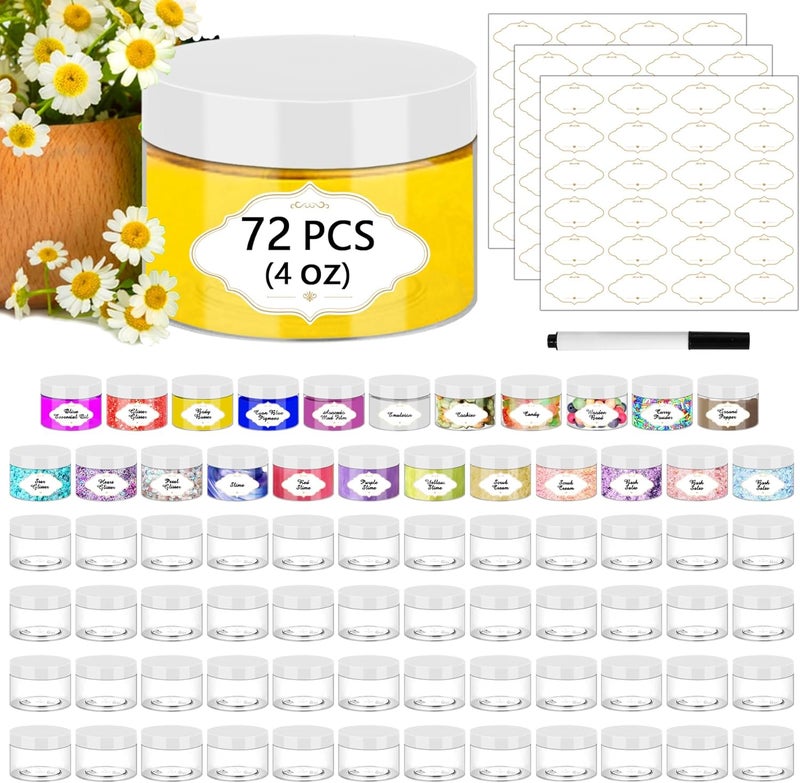 PeacePeo 72 Pcs Plastic Jars, 4 OZ Plastic Jars with White Lids Round Clear Storage Containers Jar Leak Proof Slime Containers with Lids for Travel Refillable Slime Storage Jar for Beauty Product - Image 1